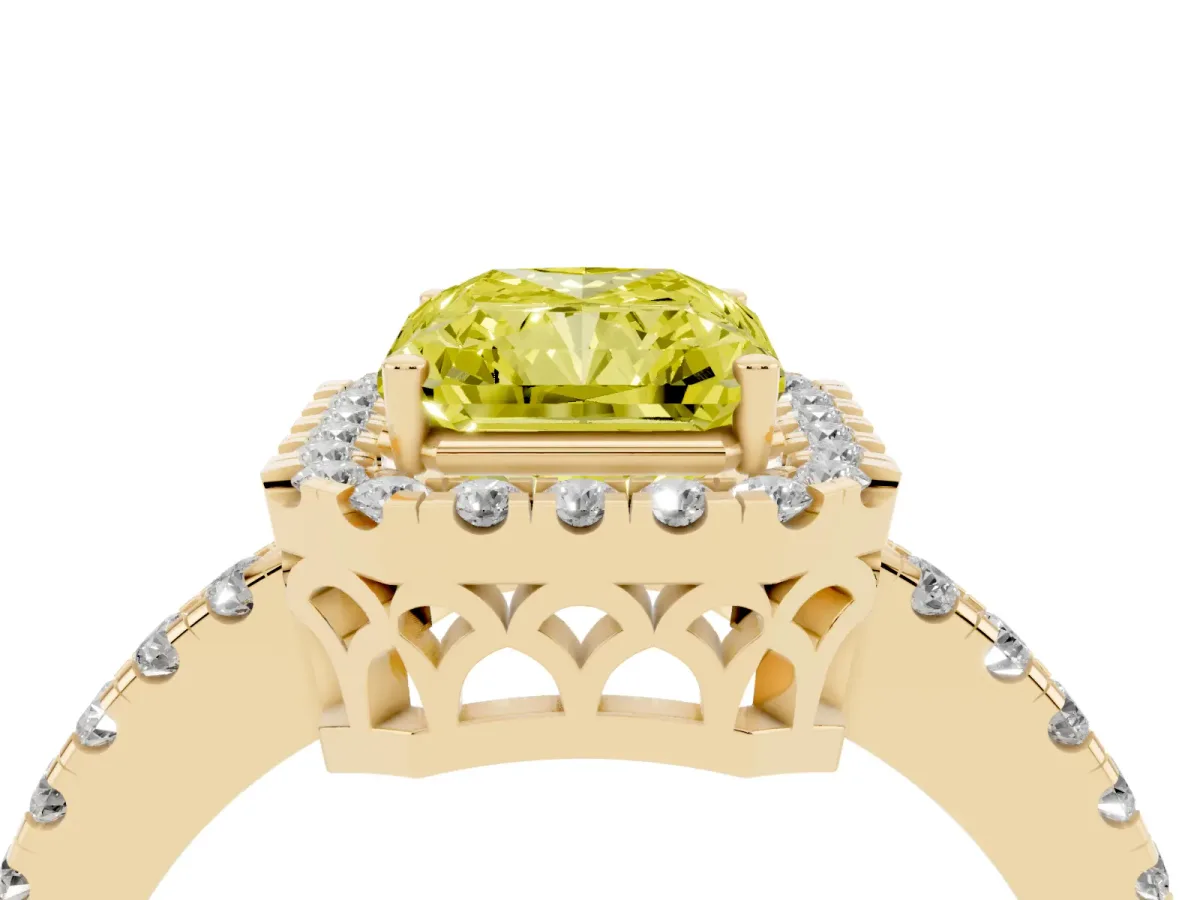 Fancy Yellow Radiant Cut Halo Diamond Engagement Ring with Pavé Band and Four-Prong Setting Yellow gold