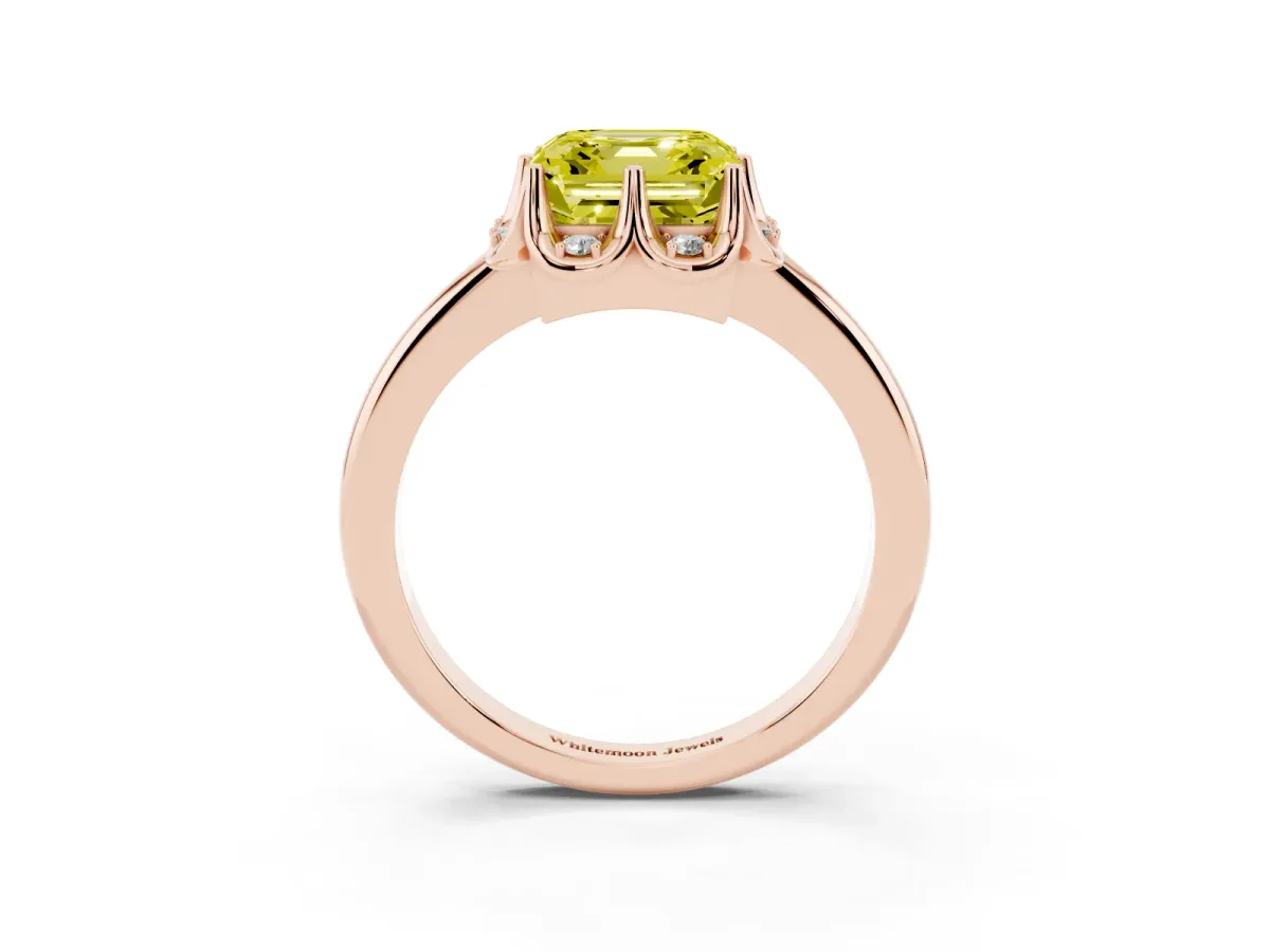 Fancy Yellow Asscher Cut Halo Diamond Ring with Round Cluster Setting, Solitaire Band, and Four-Prong Setting Rose gold