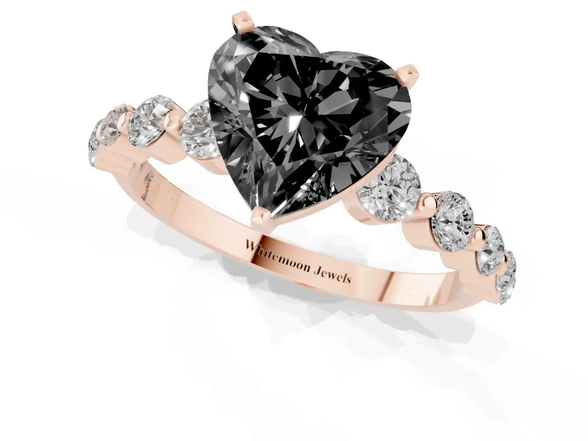 Fancy Black Heart Cut Solitaire Diamond Ring with Pave Band and Four-Prong Setting Rose gold