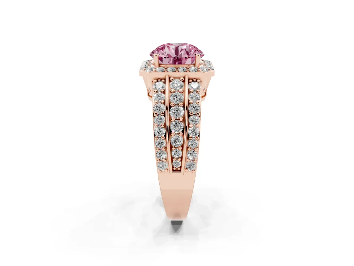 Fancy Pink Round Cut Halo Diamond Ring with Round Split Shank and Prong Setting Rose gold