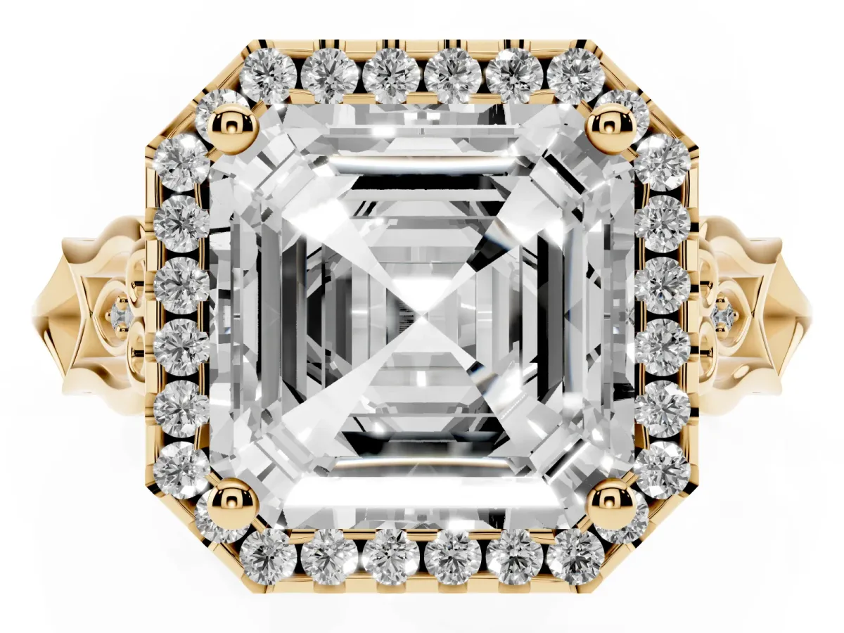 Asscher Cut Halo Diamond Engagement Ring with Filigree Band and Four-Prong Setting Yellow gold