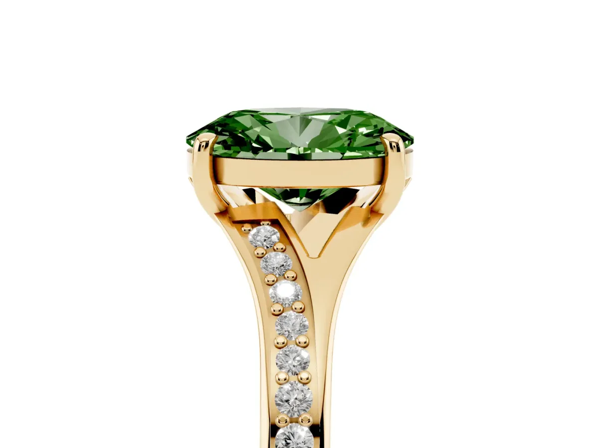 Fancy Green Oval Cut Diamond Solitaire Ring with Pavé Band and Prong Setting Yellow gold