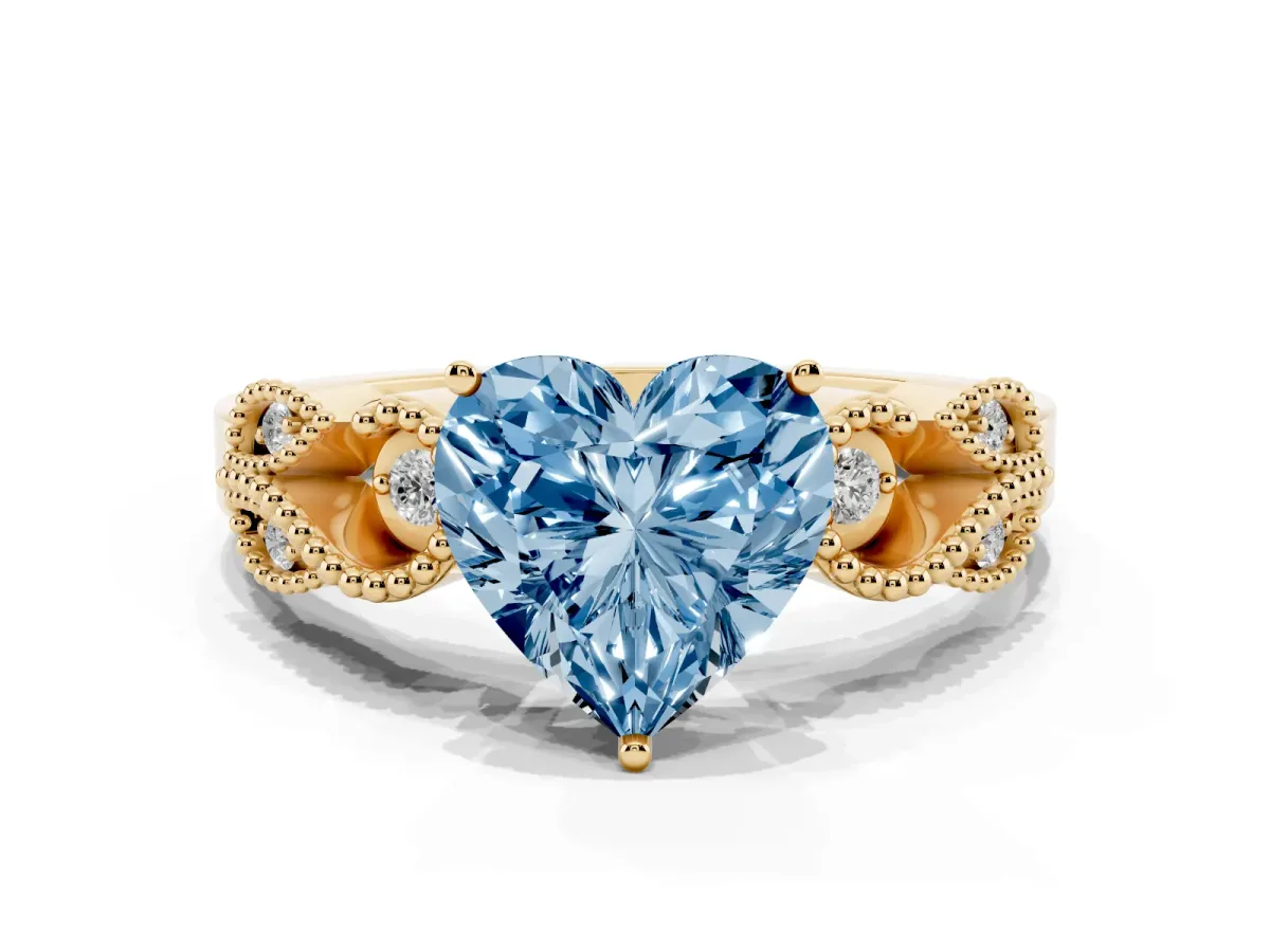 Fancy Blue Heart Cut Solitaire Milgrain Leaf Band with Prong Setting Yellow gold