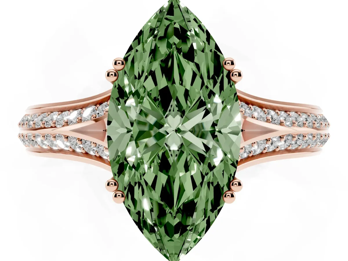 Fancy Green Marquise Cut Diamond Split Shank Engagement Ring with Pavé Band Rose gold