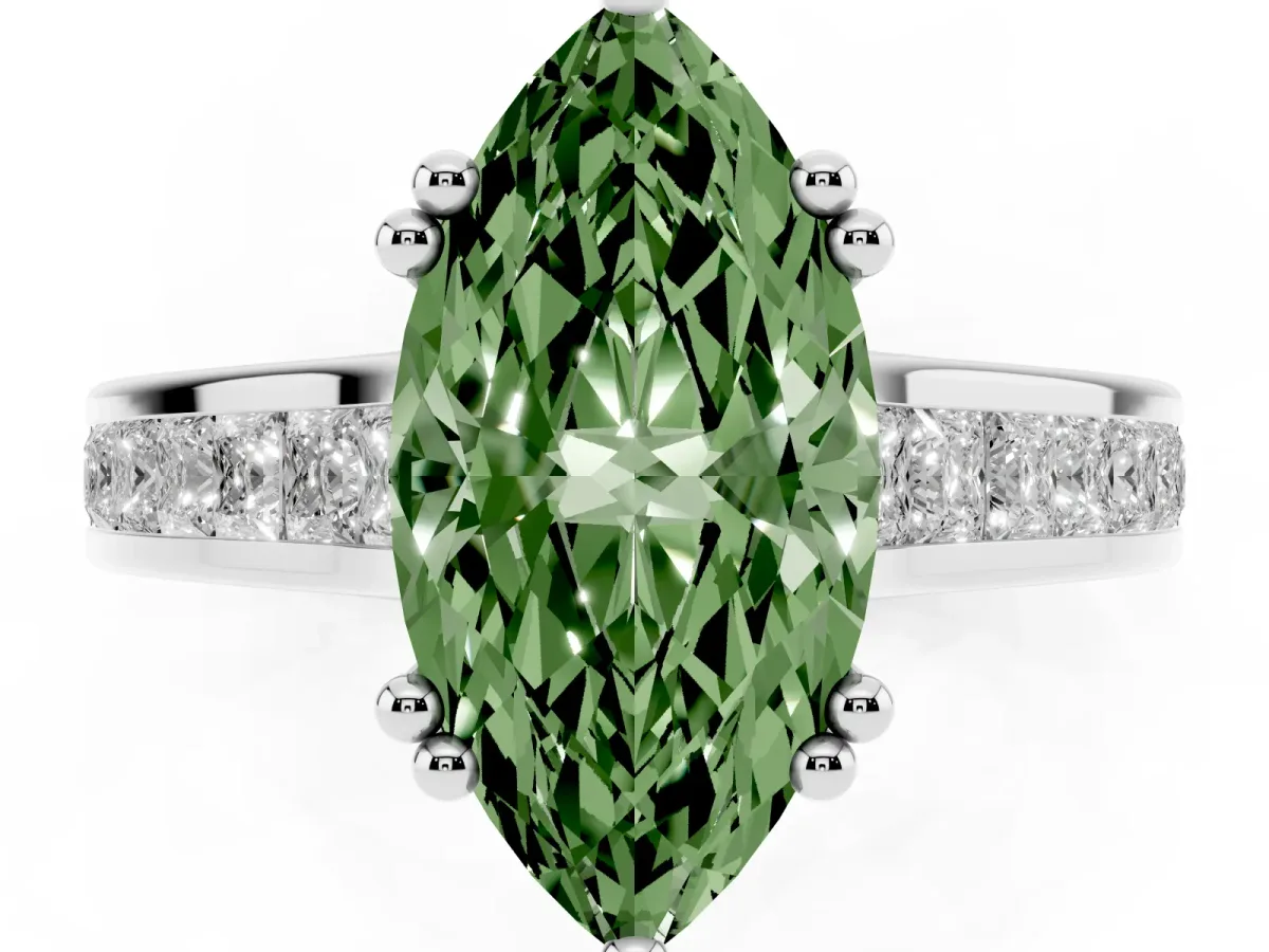 Fancy Green Marquise Cut Cut Channel Set Solitaire Engagement Ring with Prong Setting Silver