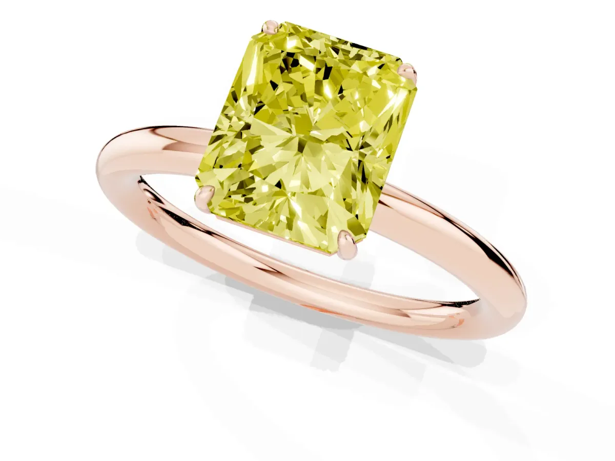 Fancy Yellow Radiant Cut Solitaire Diamond Ring with Four-Prong Setting on a Plain Band Rose gold