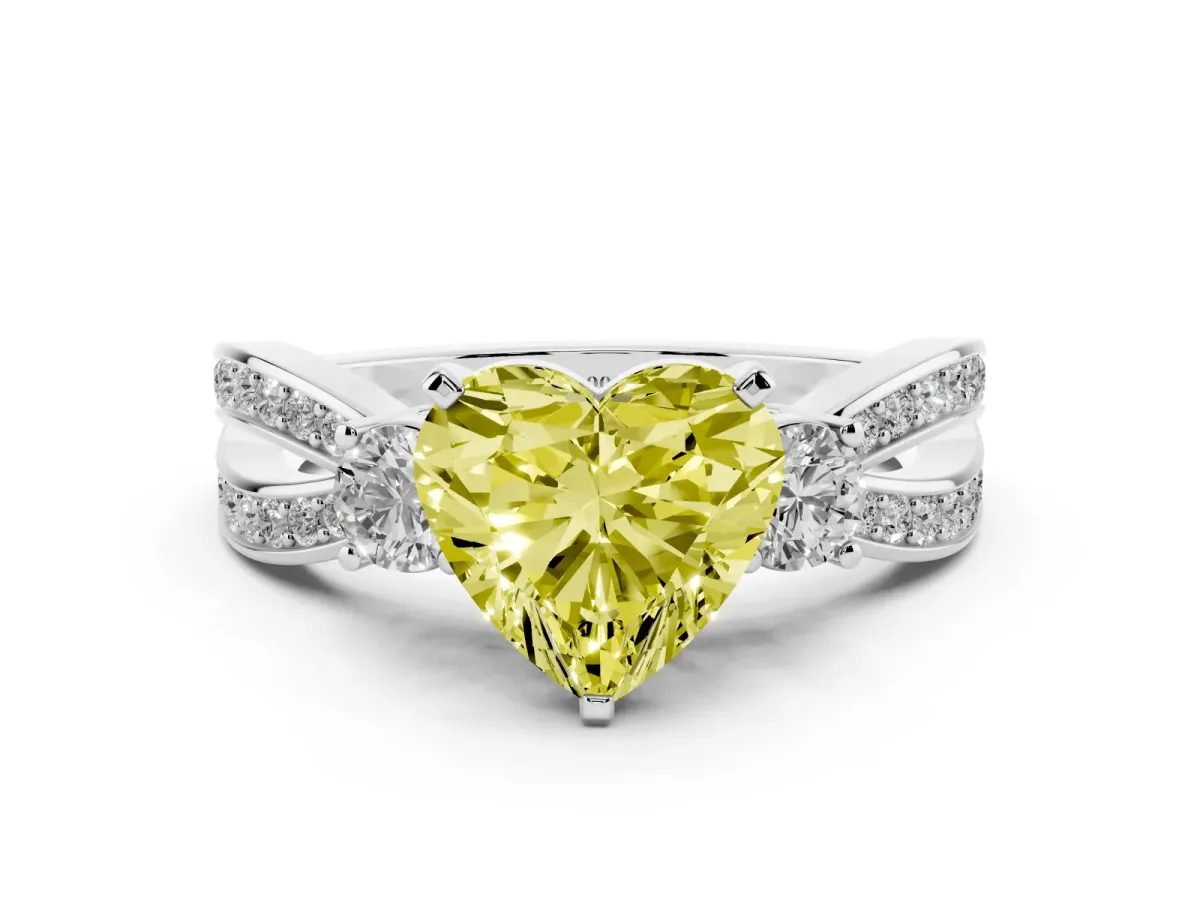 Fancy Yellow Three-Stone Heart Cut Cut Diamond Twist Band with Prong Setting Platinum