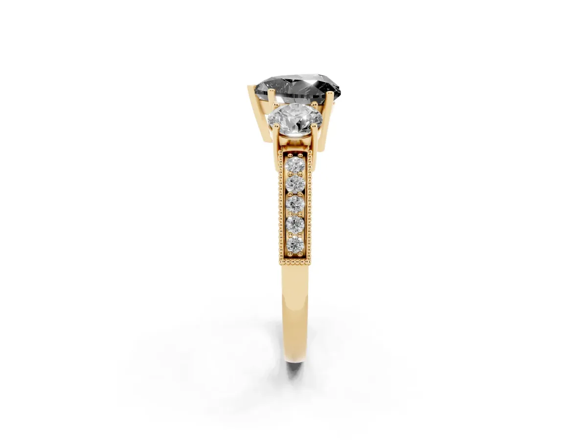 Fancy Black Heart Cut Three-Stone Diamond Ring with Pavé Band and Four-Prong Setting Yellow gold
