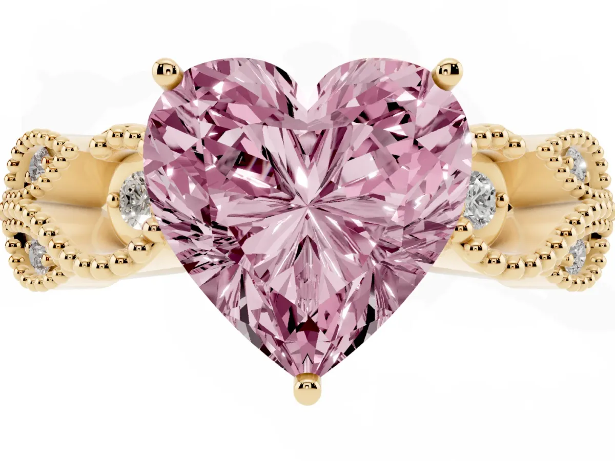 Fancy Pink Heart Cut Solitaire Milgrain Leaf Band with Prong Setting Yellow gold