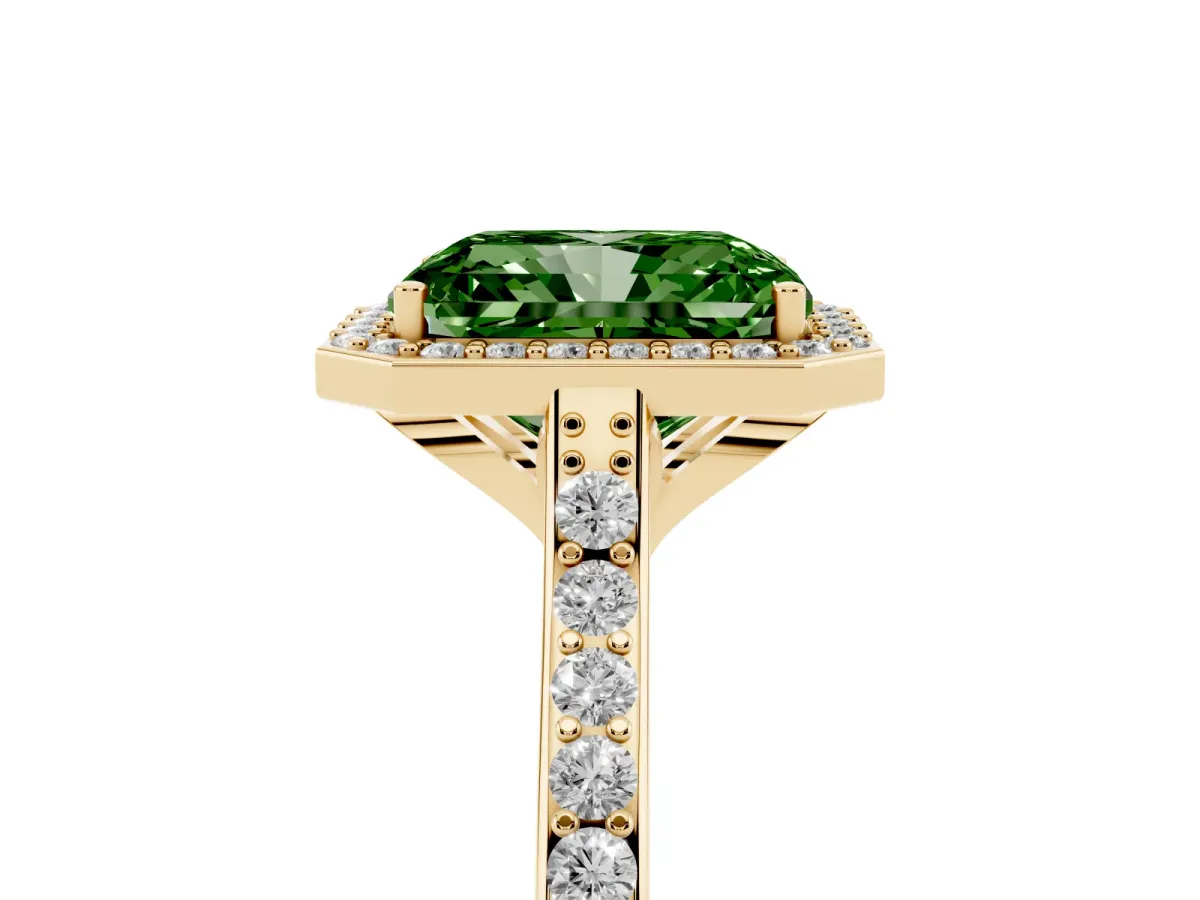 Fancy Green Radiant Cut Diamond Halo Engagement Ring with Round Pavé Shoulders and Prong Setting Yellow gold