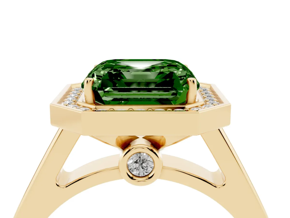Fancy Green Asscher Cut Halo Solitaire Diamond Ring with Pave Band and Bezel Setting Yellow gold