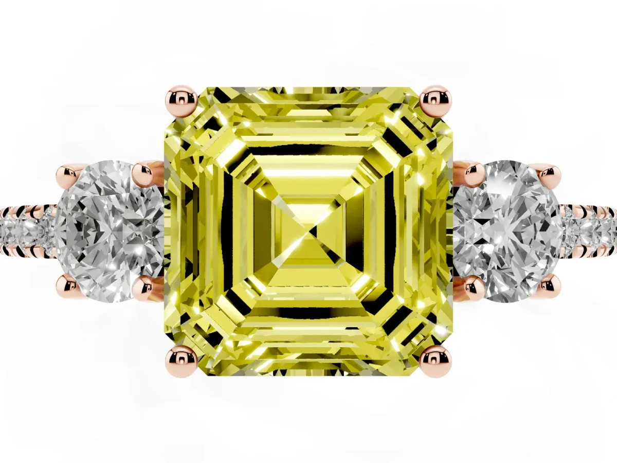 Fancy Yellow Three-Stone Asscher Cut Cut Diamond Pavé Band with Prong Setting Rose gold