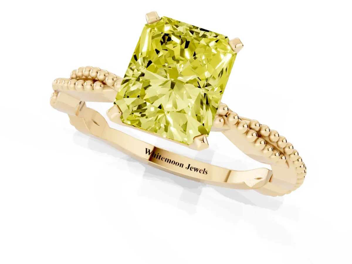 Fancy Yellow Radiant Cut Solitaire Twisted Band with Bead Prong Setting Yellow gold