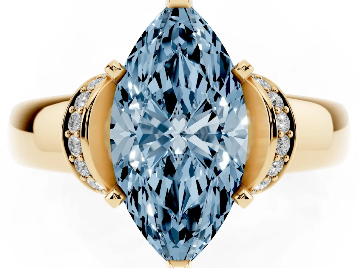 Fancy Blue Marquise Cut Solitaire Diamond Ring with Pave Band and Six-Prong Setting Yellow gold