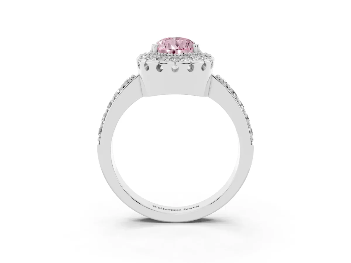 Fancy Pink Pear Cut Diamond Halo Ring with Pavé Band and Prong Setting Platinum