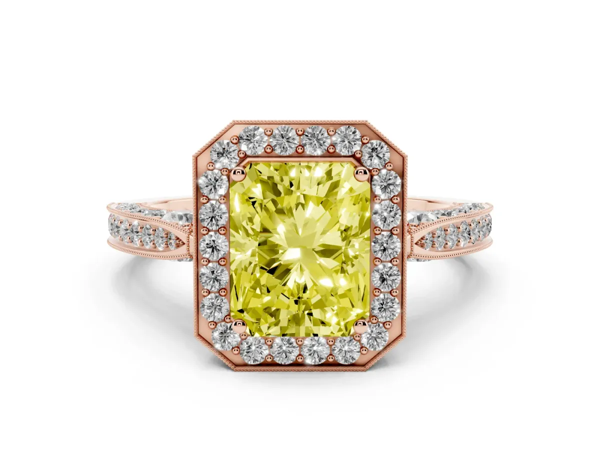 Fancy Yellow Radiant Cut Halo Diamond Engagement Ring with Split Shank Band and Four-Prong Setting Rose gold