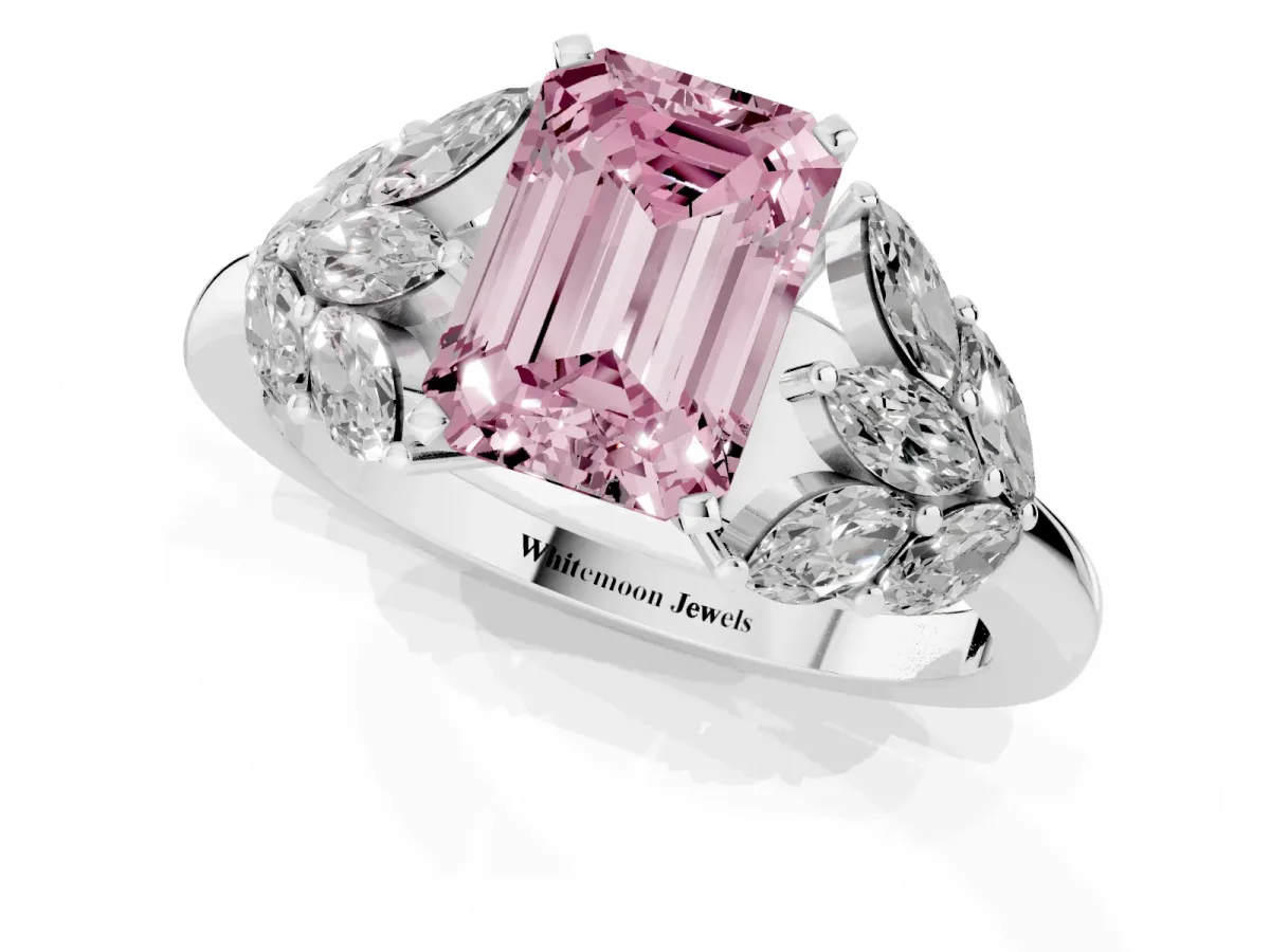 Fancy Pink Emerald Cut Diamond Cluster Leaf Design Ring with Prong Setting Platinum