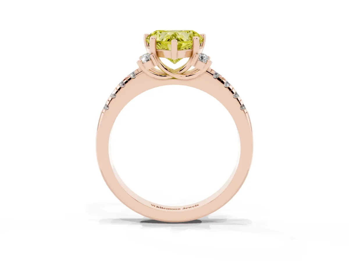 Fancy Yellow Heart Cut Diamond Three-Stone Pave Band with Four-Prong Setting Rose gold