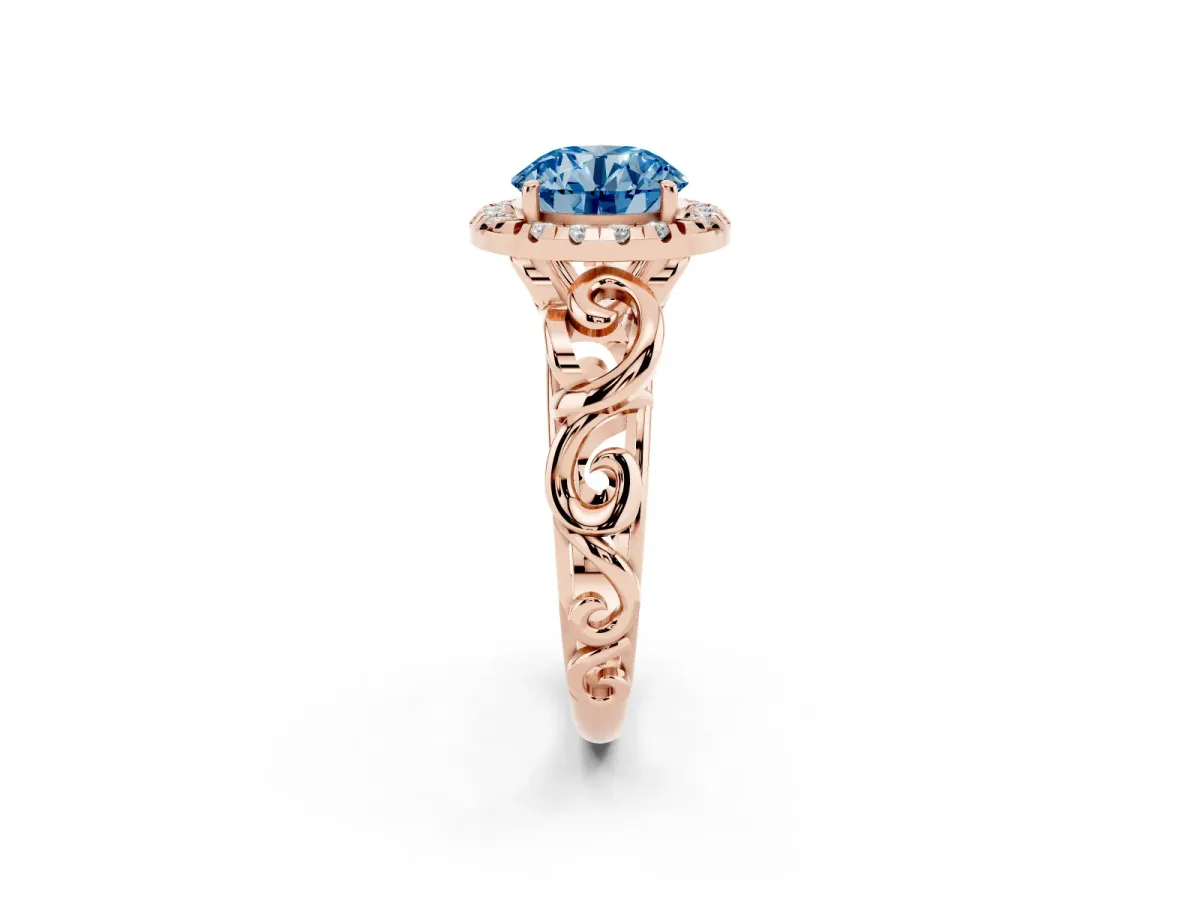 Fancy Blue Round Cut Cut Halo Diamond Ring with Scrollwork Band and Four-Prong Setting Rose gold