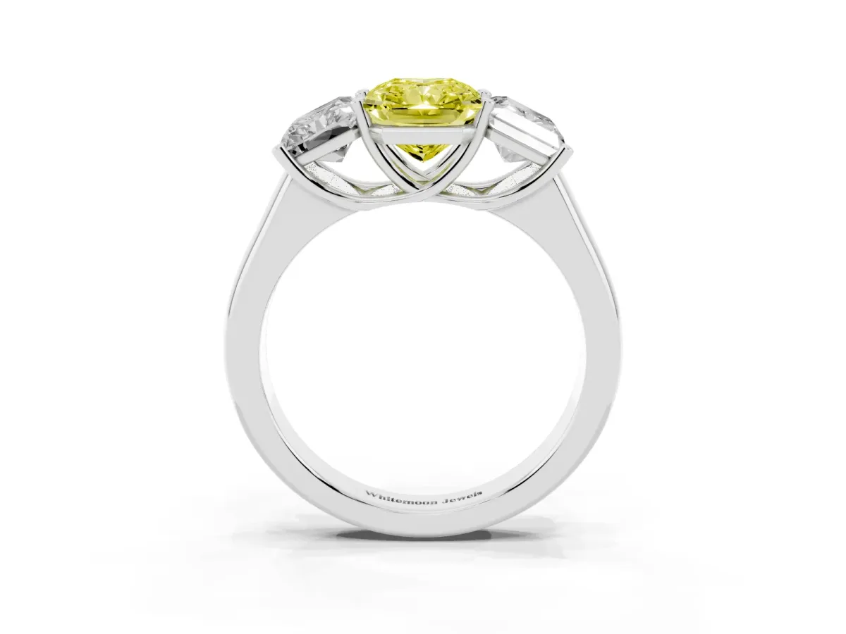 Fancy Yellow Radiant Cut Three-Stone Diamond Ring with Prong Setting on a Classic Band Silver