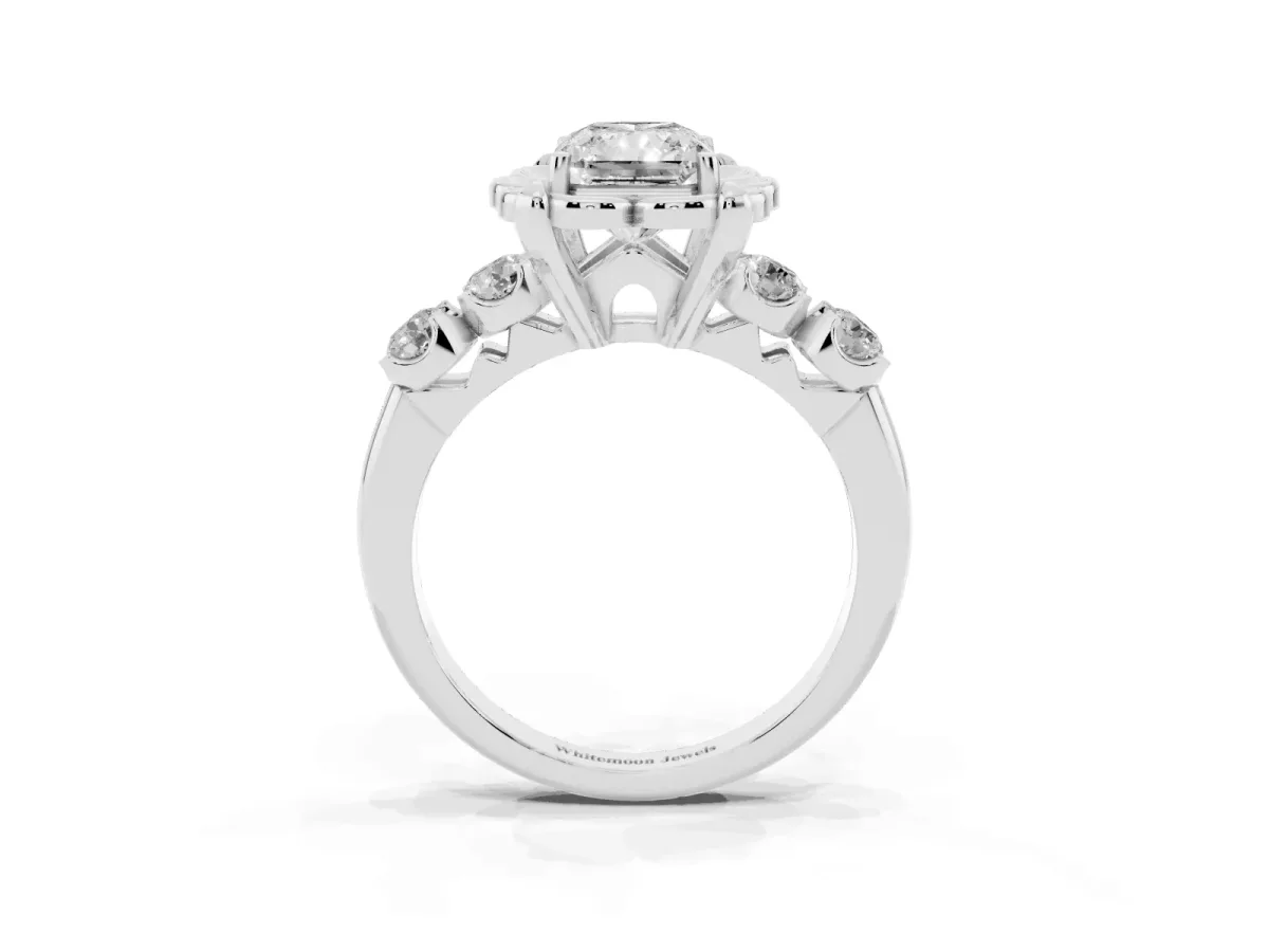 Radiant Cut Cut Diamond Floral Halo Engagement Ring with Shared Prong Setting Silver