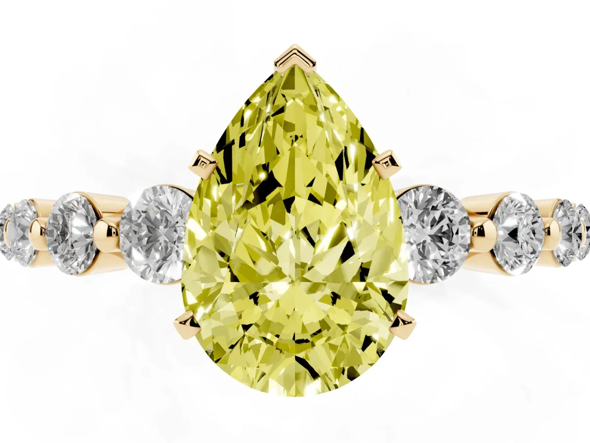 Fancy Yellow Pear Cut Solitaire Diamond Ring with Pave Band and Four-Prong Setting Yellow gold