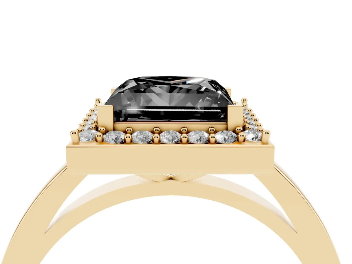 Fancy Black Princess Cut Halo Diamond Ring with Solitaire Band and Prong Setting Yellow gold
