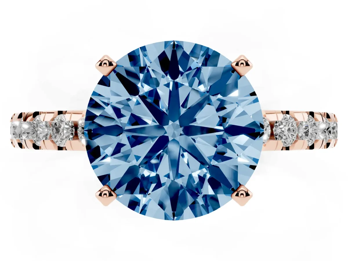Fancy Blue Round Cut Diamond Solitaire Ring with Round Pavé Band and Four-Prong Setting Rose gold