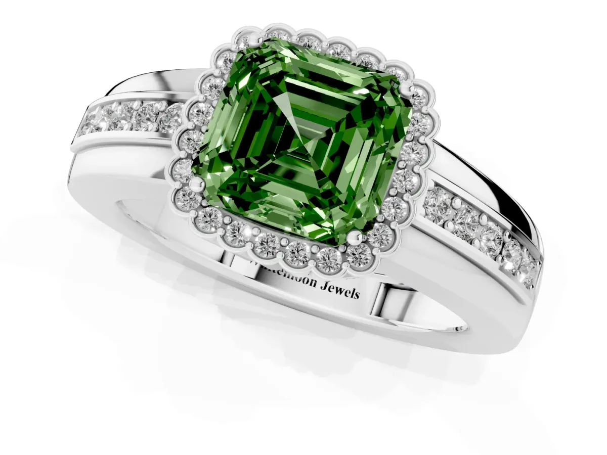 Fancy Green Asscher Cut Cut Halo Pave Band Four-Prong Ring Platinum
