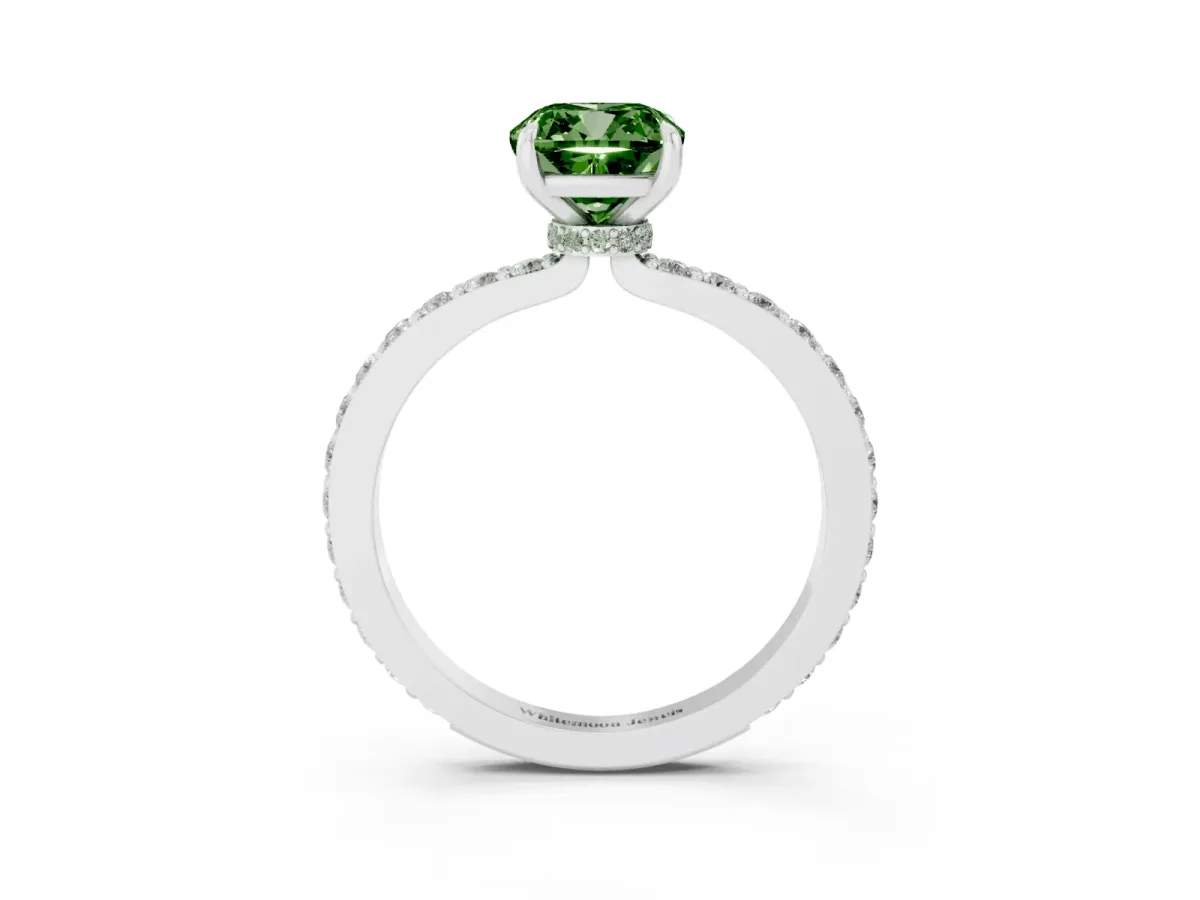 Fancy Green Cushion Cut Diamond Pavé Engagement Ring with Round Accents and Prong Setting Silver