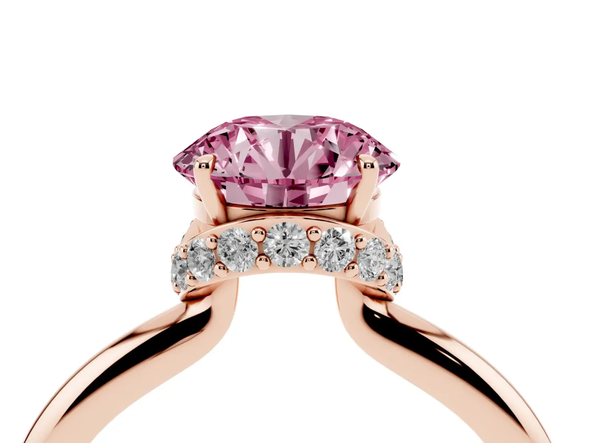 Fancy Pink Round Cut Brilliant Solitaire Engagement Ring with Six-Prong Setting and Classic Band Rose gold