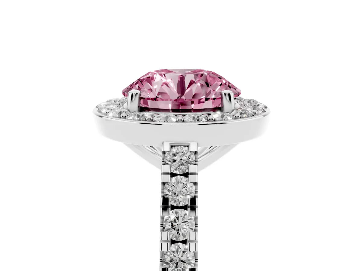 Fancy Pink Round Cut Diamond Halo Ring with Round Pavé Split Shank and Prong Setting Silver