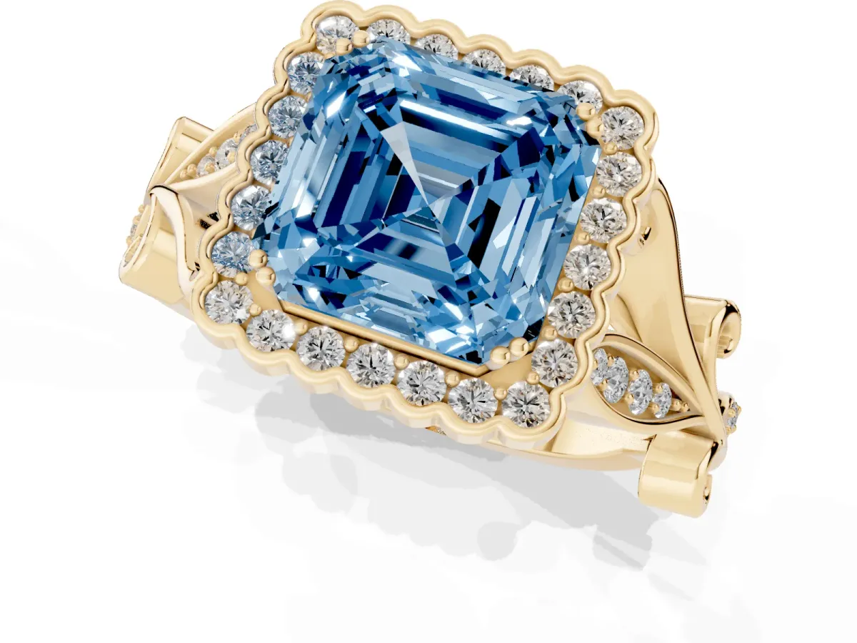 Fancy Blue Asscher Cut Diamond Halo Ring with Vintage Split Shank and Four-Prong Setting Yellow gold