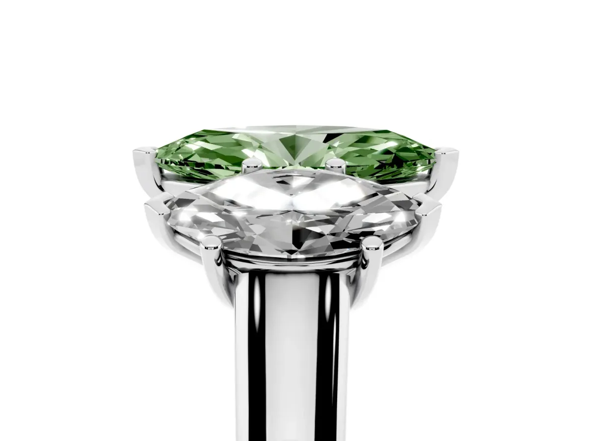 Fancy Green Marquise Cut Three-Stone Diamond Ring with Prong Setting on a Classic Band Silver