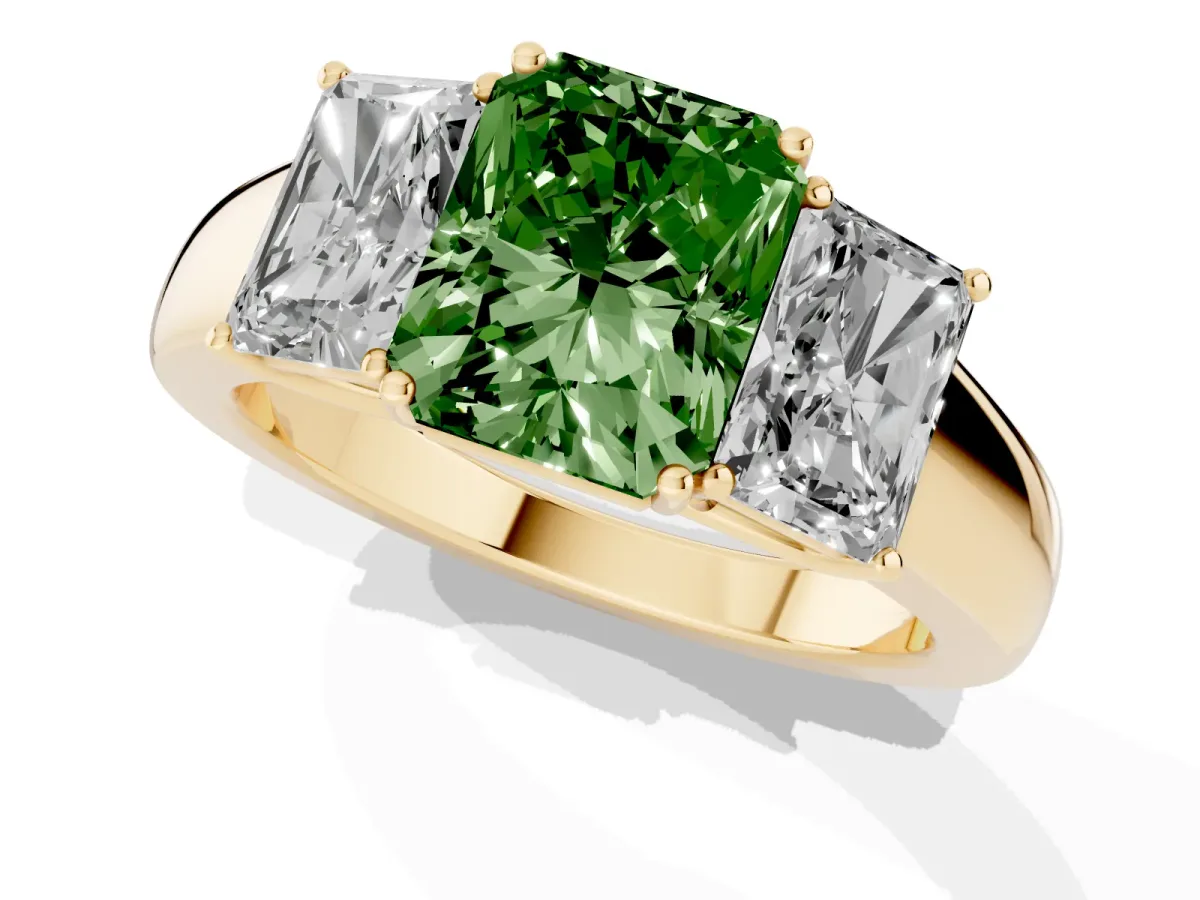 Fancy Green Three-Stone Radiant Cut Cut Diamond Ring with Prong Setting and Classic Band Yellow gold