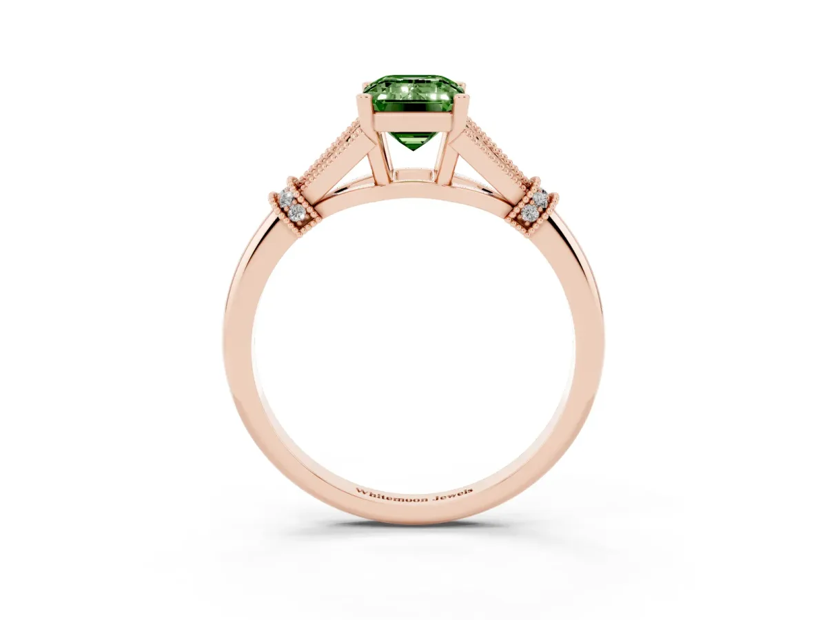 Fancy Green Emerald Cut Diamond Solitaire Ring with Floral Filigree and Pave Accents Rose gold