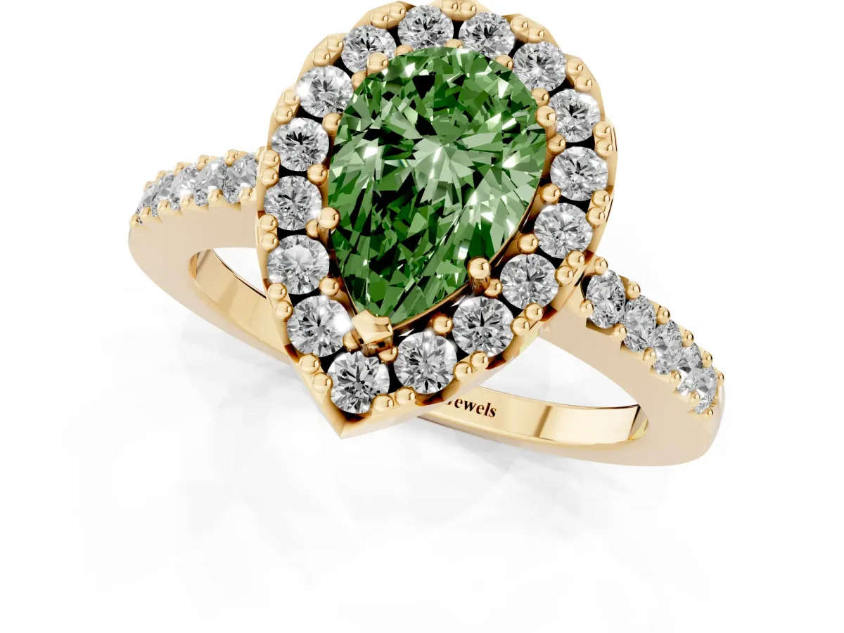 Fancy Green Pear Cut Halo Diamond Pavé Solitaire Ring Yellow gold