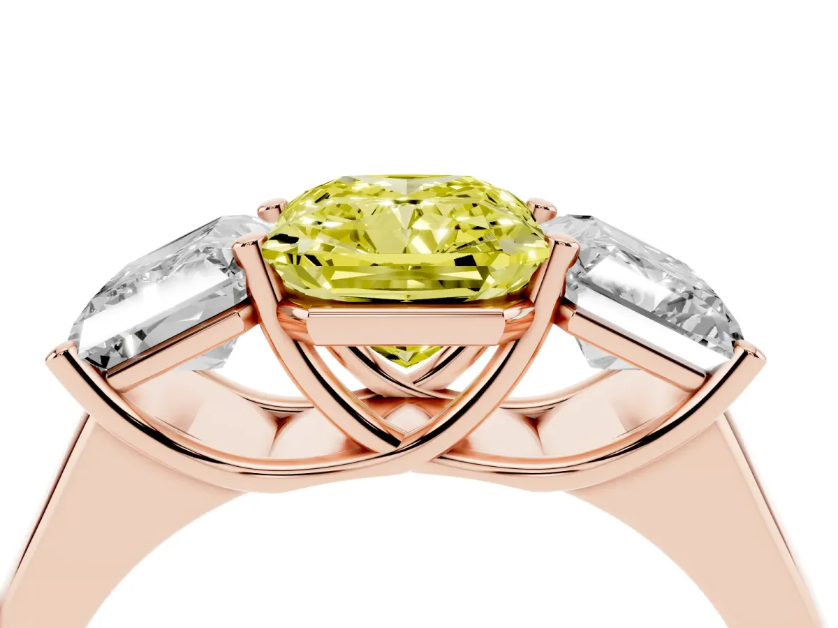 Fancy Yellow Radiant Cut Three-Stone Diamond Ring with Prong Setting on a Classic Band Rose gold