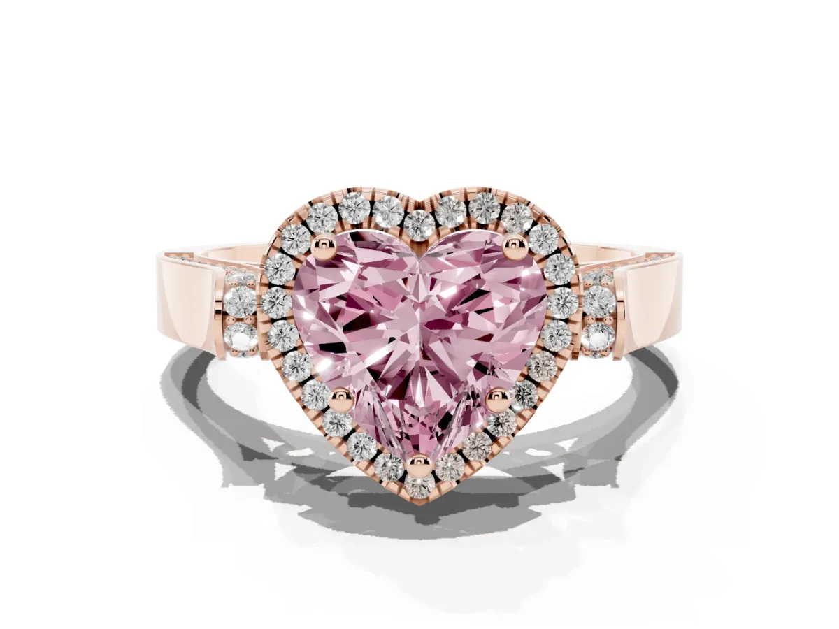 Fancy Pink Heart Cut Halo Round Diamond Twist Band with Four-Prong Setting Rose gold
