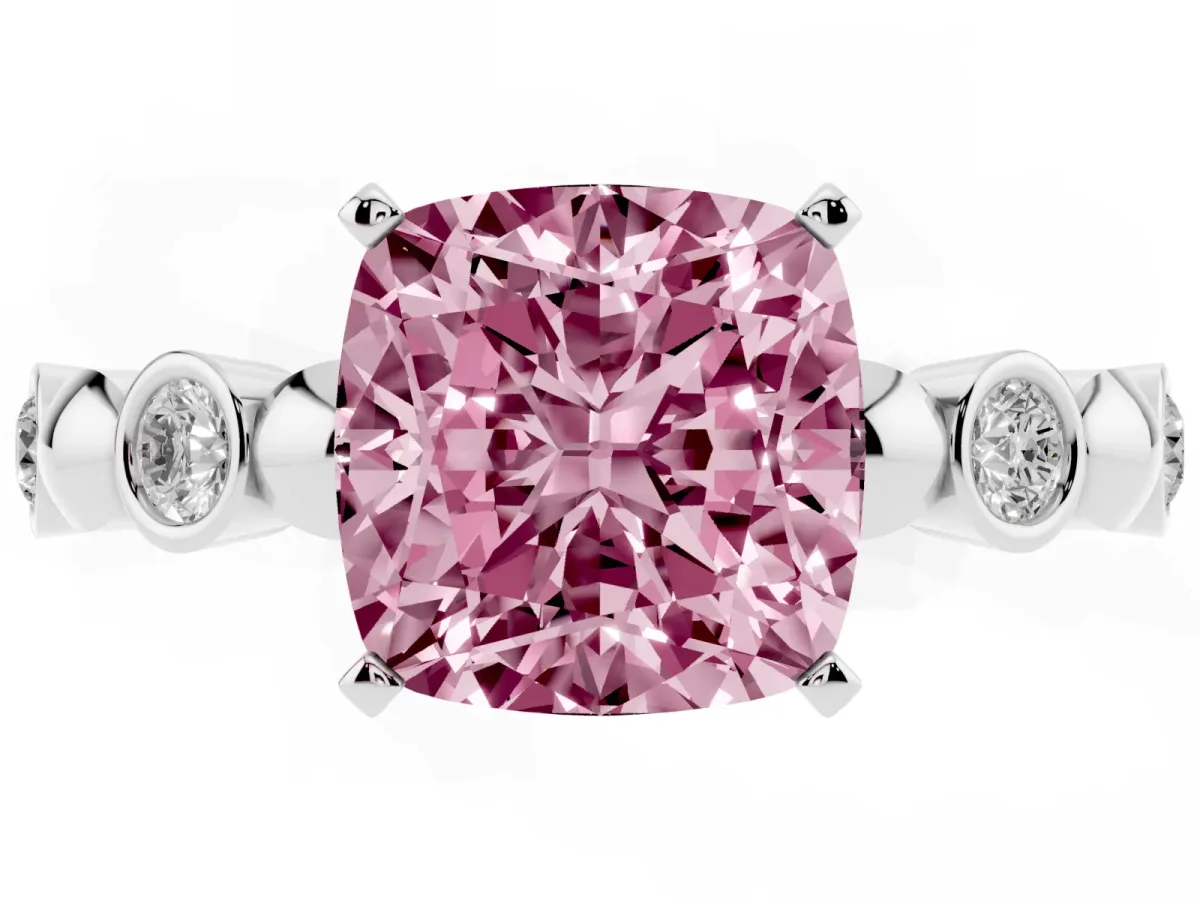 Fancy Pink Cushion Cut Solitaire Bezel-Set Diamond Ring with Beaded Band and Four-Prong Setting Silver