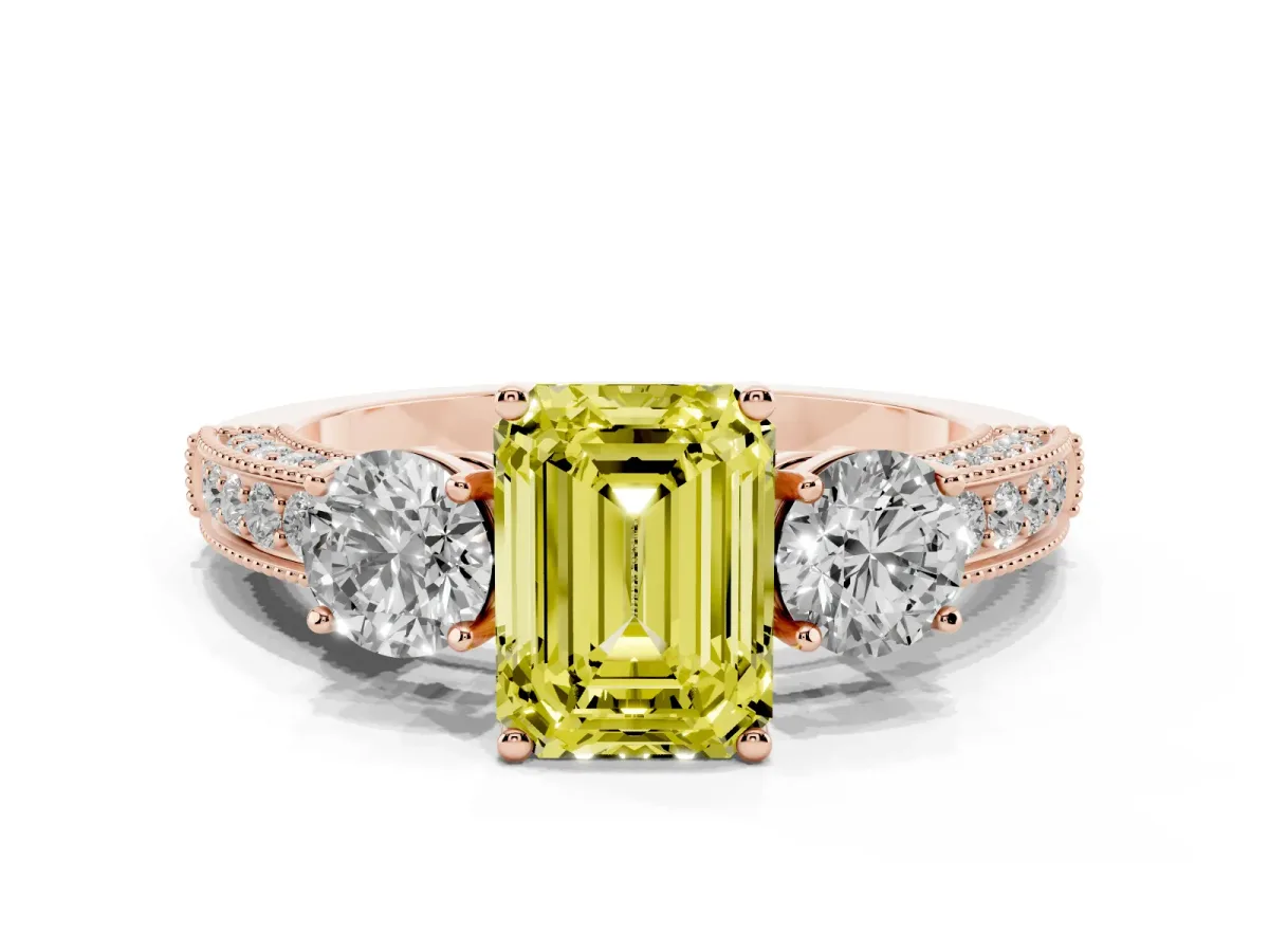 Fancy Yellow Emerald Cut Three-Stone Diamond Ring with Pavé Band and Four-Prong Setting Rose gold
