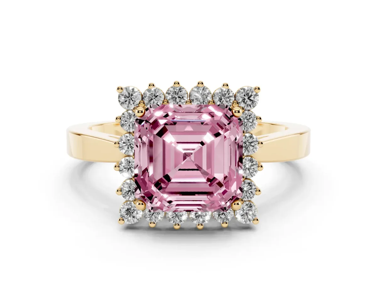 Fancy Pink Asscher Cut Cut Diamond Halo Ring with Round Brilliant Halo and Solitaire Band Yellow gold