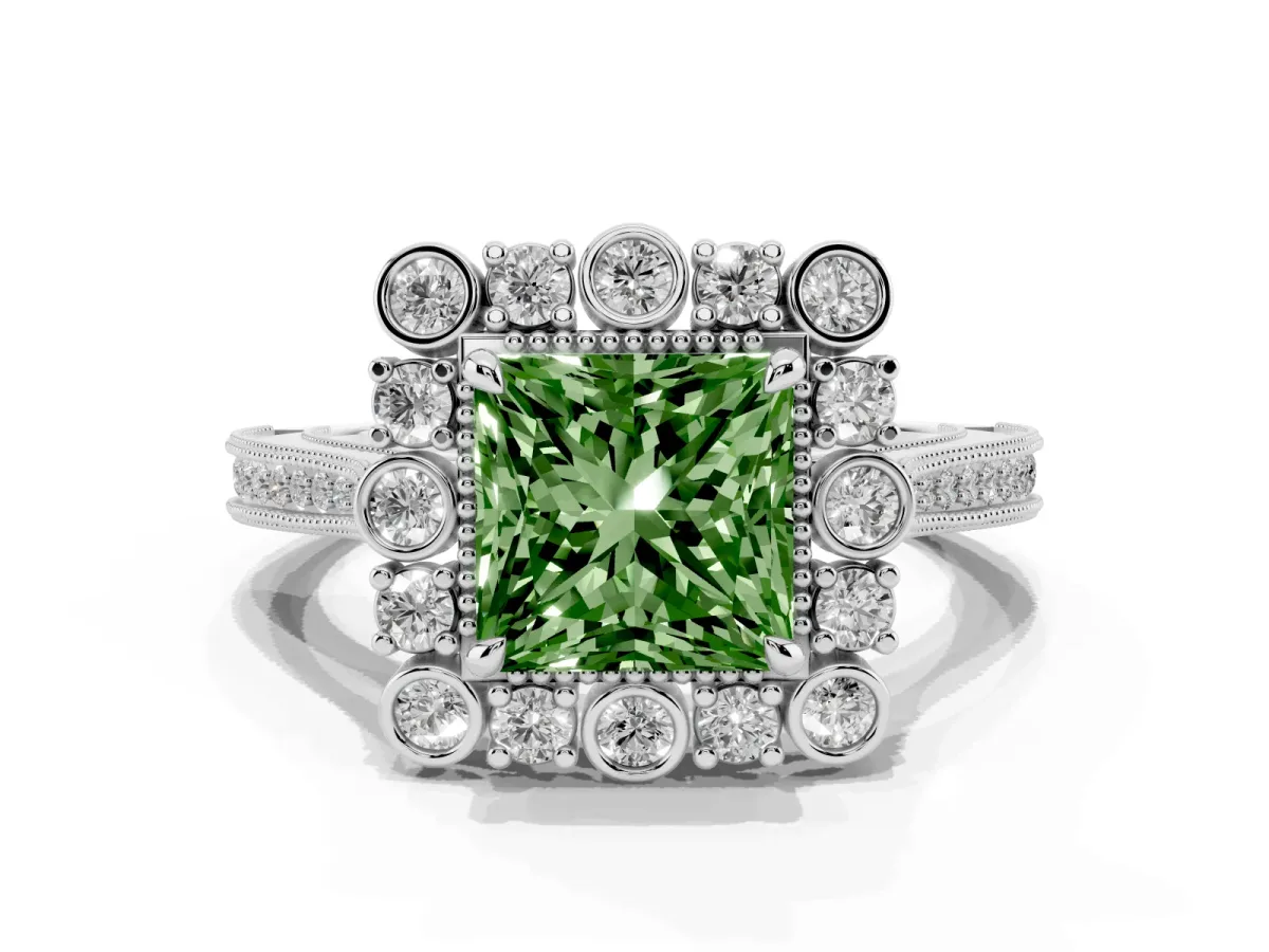 Fancy Green Princess Cut Halo Milgrain Pave Diamond Ring with Four-Prong Setting Silver