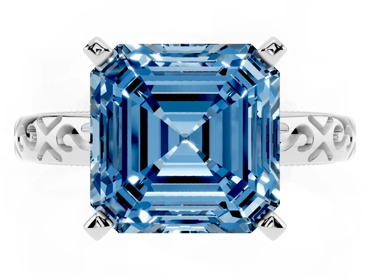 Fancy Blue Asscher Cut Solitaire Engagement Ring with Scrollwork Band and Four-Prong Setting Silver
