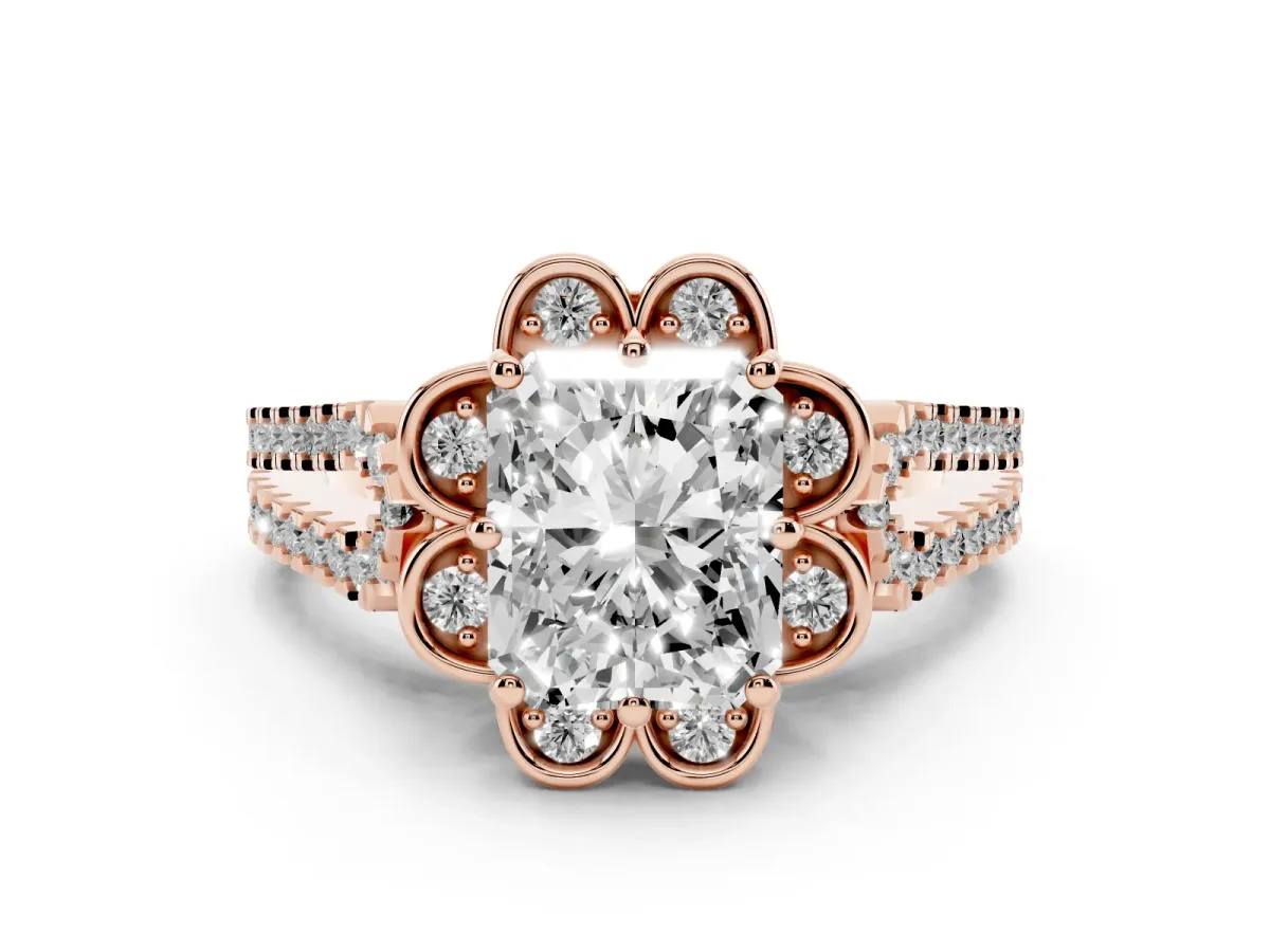 Radiant Cut Halo Diamond Floral Split Shank Engagement Ring Rose gold