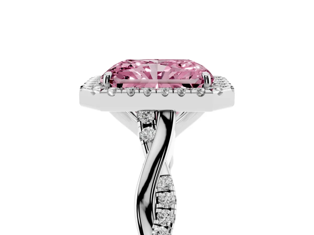 Fancy Pink Radiant Cut Halo Twist Band Solitaire Ring Silver