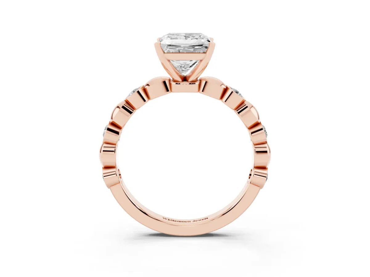Princess Cut Solitaire Bezel-Set Diamond Ring with Beaded Band and Four-Prong Setting Rose gold