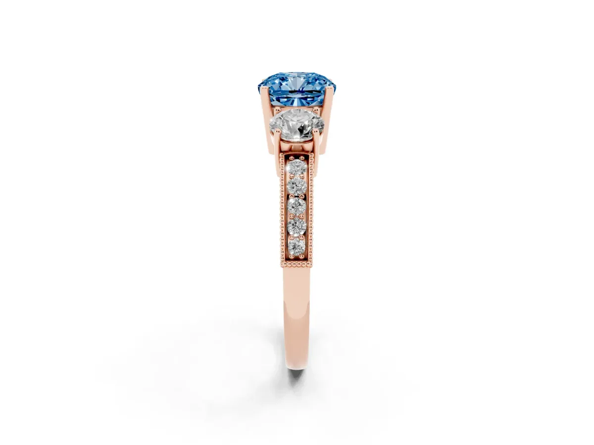 Fancy Blue Cushion Cut Three-Stone Diamond Ring with Pavé Band and Four-Prong Setting Rose gold