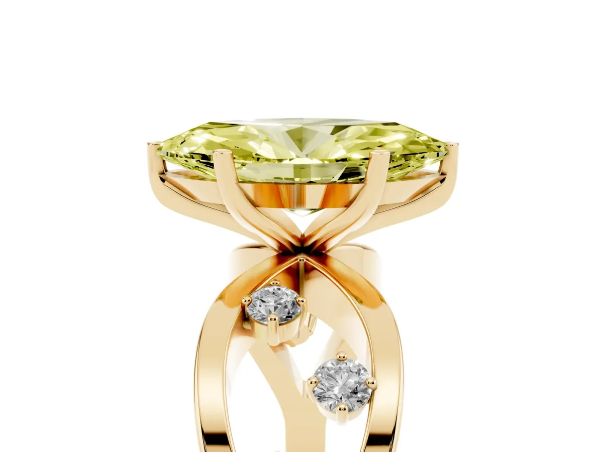 Fancy Yellow Marquise Cut Cut Solitaire Diamond with Side Stones on Criss-Cross Band and Four-Prong Setting Yellow gold