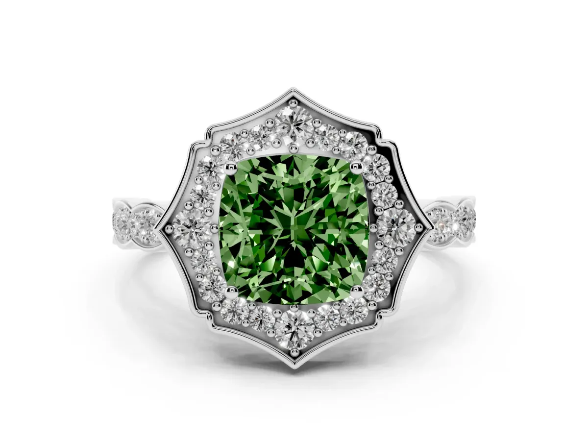 Fancy Green Cushion Cut Halo Diamond Engagement Ring with Milgrain Band and Four-Prong Setting Platinum